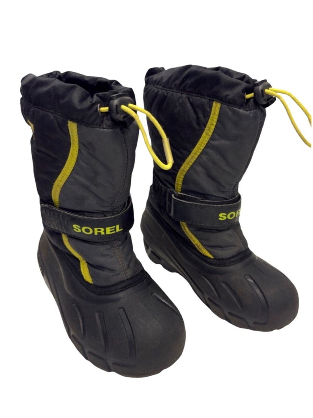 Sorel Kids Flurry Snow Boots Black & Chartreuse Waterproof & Insulated Sz 13